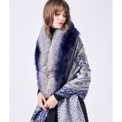 Luxury Real Fox Fur Collar Wool Winter Scarf PonchoScarves