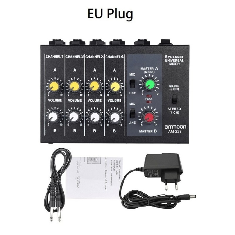 AM-228 mixing console - ultra-compact - low noise - 8 channels audio sound mixer with power adapterAudio