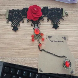 Gothic style lace bracelet with red rose & adjustable ringBracelets